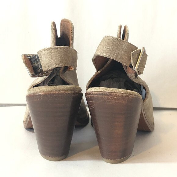 FRYE Ash Courtney Leather Mules Women's Size 6.5 Gray Tan Suede Peep Toe - Picture 4 of 12